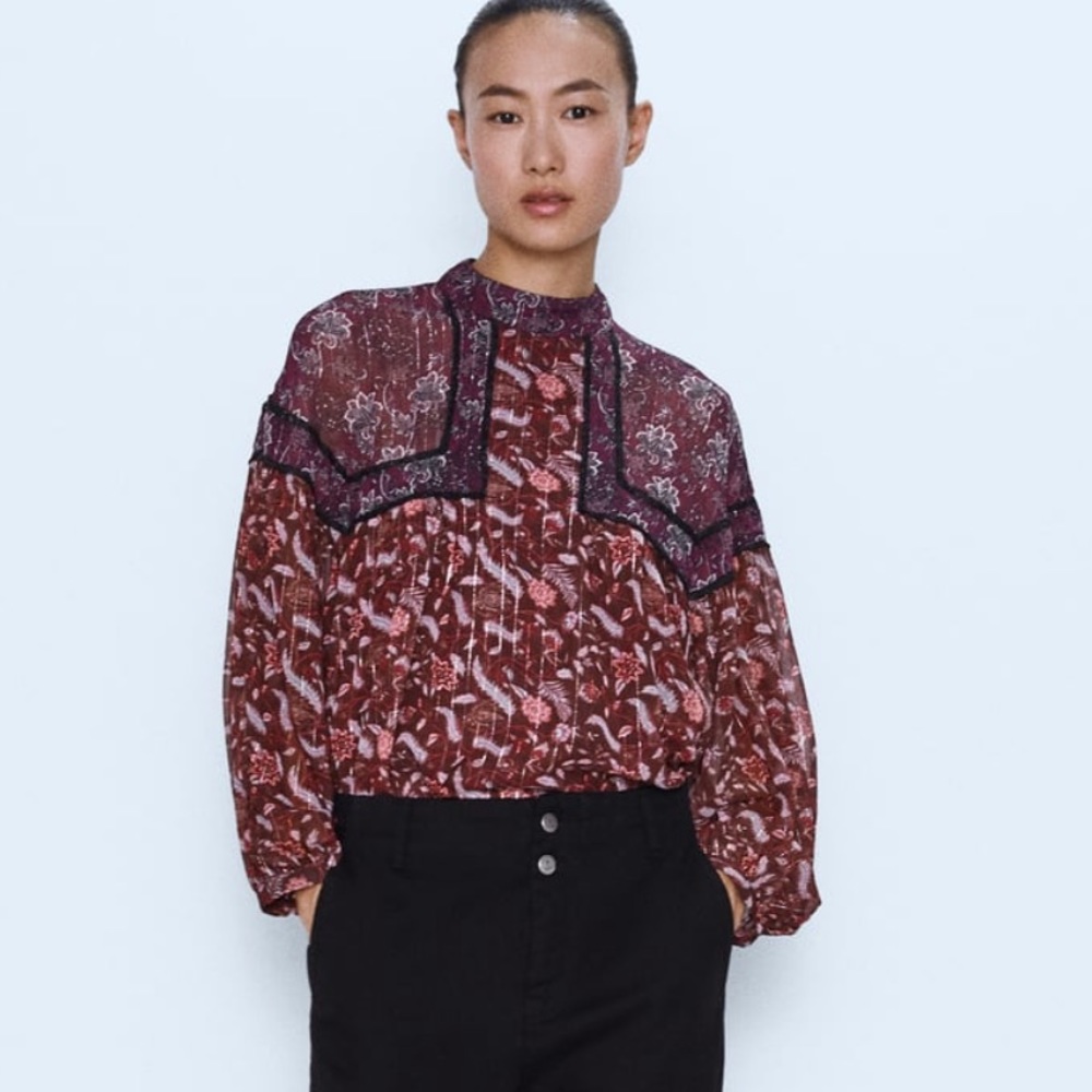 NWT ZARA Contrasting Floral Blouse